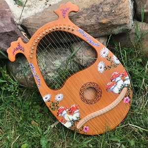 Hand-decorated Lyre Harp - 16-string, mushroom and flower design