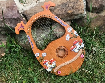 Hand-decorated Lyre Harp - 16-string, mushroom and flower design