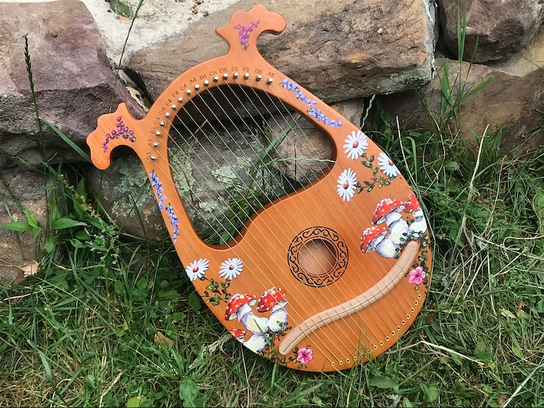 Hand-decorated Lyre Harp 16-string, mushroom and flower design image 1