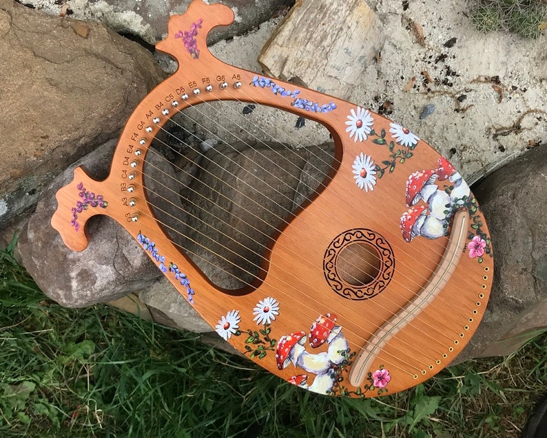 Hand-decorated Lyre Harp 16-string, mushroom and flower design image 4