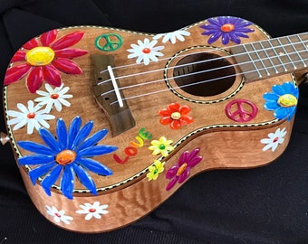Hand-painted flame okoume ukulele:  Retro Flower Power design