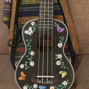 Hand-painted dark rosewood ukulele: Mountain Meadow/Butterflies