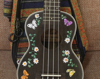 Hand-painted dark rosewood concert ukulele: Mountain Meadow/Butterflies