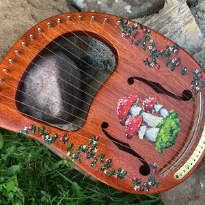 Hand-decorated Lyre Harp - 16-string, hollow, Mushroom and Partridgeberry design, f-holes