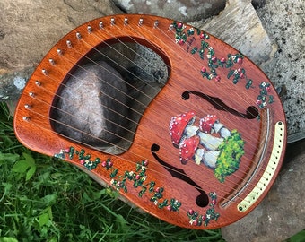 Hand-decorated Lyre Harp - 16-string, hollow, Mushroom and Partridgeberry design, f-holes