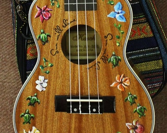 Hand-painted tenor, concert, soprano, or baritone ukulele: Tropical Isle with Sea Turtles and Orchids