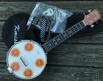 Hand-painted banjolele: Sunflower Delight design