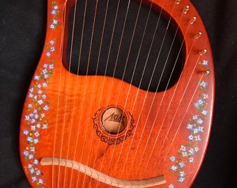 Hand-decorated Lyre Harp - 16-string, Bluets design