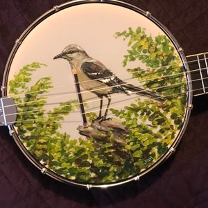 Hand-painted banjolele, concert or tenor: Songbird and Ferns design