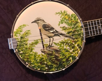 Hand-painted banjolele, concert or tenor: Songbird and Ferns design