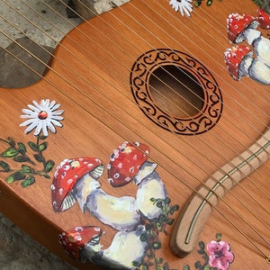 Hand-decorated Lyre Harp 16-string, mushroom and flower design image 2