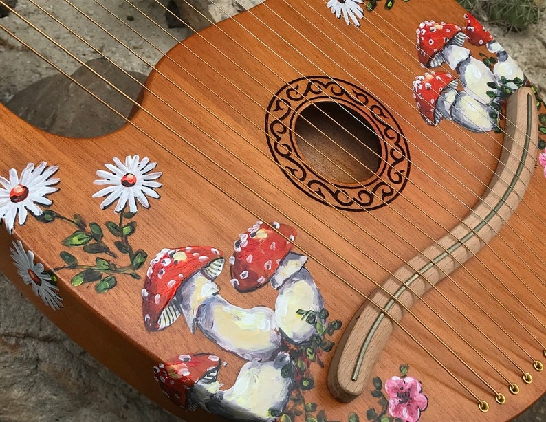 Hand-decorated Lyre Harp 16-string, mushroom and flower design image 2