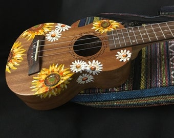 Hand-painted baritone, tenor, concert, or soprano ukulele: Sunflower and Daisy Design