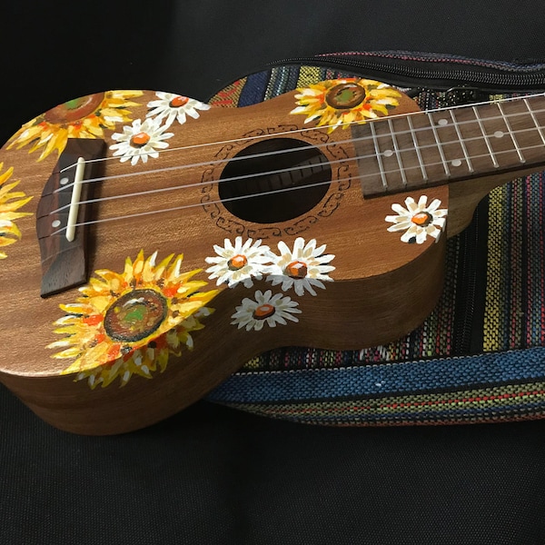 Hand-painted baritone, tenor, concert, or soprano ukulele: Sunflower and Daisy Design