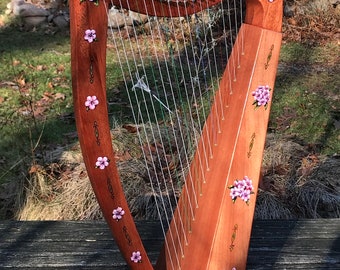 Harp - Hand-decorated Celtic (Irish) - 19 string, Cherry ( Sakura ) Blossom Design