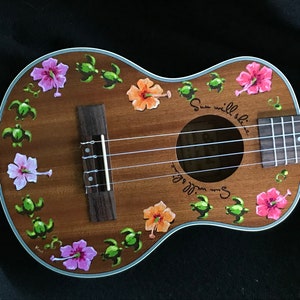 Hand-painted tenor, concert, soprano, or baritone ukulele: Tropical Isle/Sea turtles and hibiscus