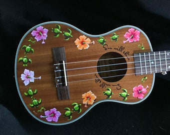 Hand-painted tenor, concert, soprano, or baritone ukulele: Tropical Isle/Sea turtles and hibiscus