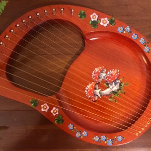 Hand-decorated Lyre Harp - 16-string, solid, Mushroom and Woodland Flowers design