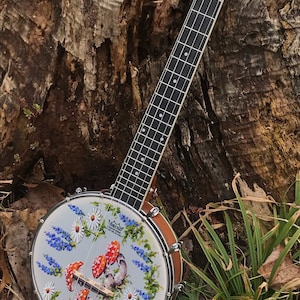 Hand-painted banjolele, concert or tenor: Mushrooms and Daisies design image 2