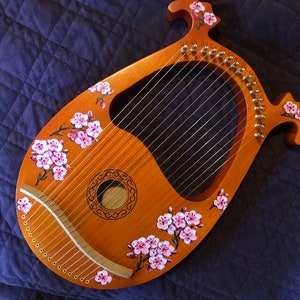 Hand-decorated Lyre Harp - 16-string, Cherry Blossom design