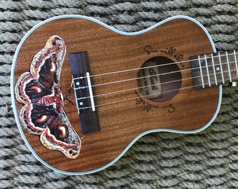 Hand- painted concert, tenor, or baritone ukulele: Cecropia Moth design