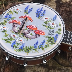 Hand-painted banjolele, concert or tenor: Mushrooms and Daisies design