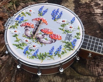 Hand-painted banjolele, concert or tenor: Mushrooms and Daisies design