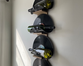 Vinyl record bottle holder, vinyl record wine rack, vinyl record bottle display, wall mounted wine rack, wine and records, vinyl record art