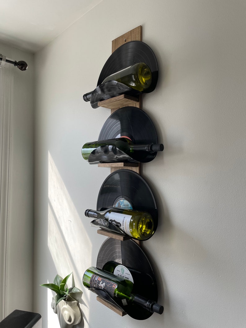Vinyl record bottle holder, vinyl record wine rack, vinyl record bottle display, wall mounted wine rack, wine and records, vinyl record art
