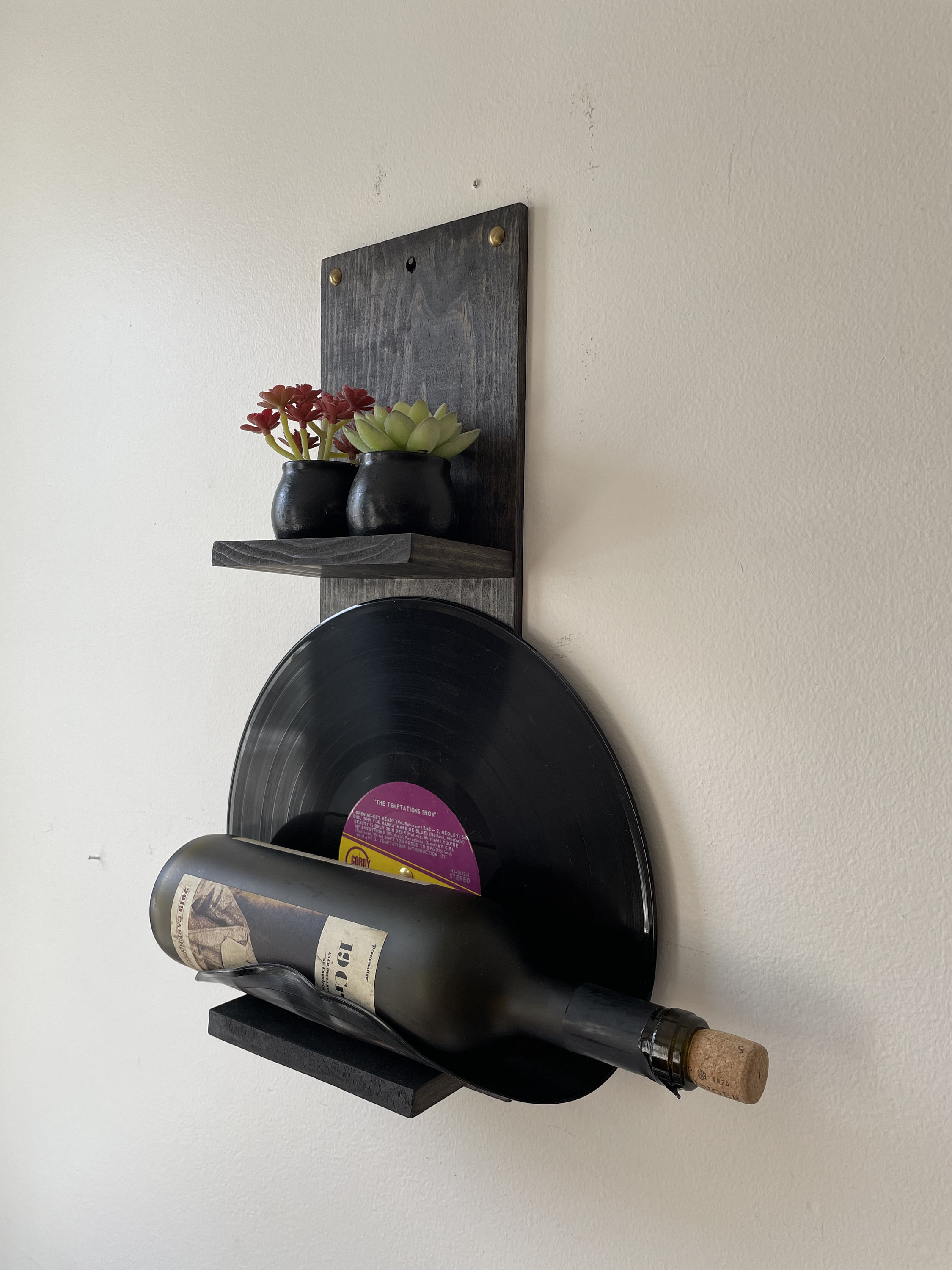 Vinyl record bottle holder, vinyl record wine rack, wine rack, upcycled wall art, vinyl record art, wall mounted bottle holder