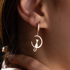 Silver Cat On Moon Earrings Cat Earrings Silver Moon Cat Earrings Crescent Moon Cat Ear Danglers Funky Animal Earrings Cat Lover&#39;s Gift
