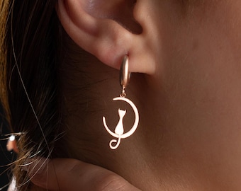 Cat Earrings Silver Cat On Moon Earrings  Silver Moon Cat Earrings Crescent Moon Cat Dangle Earrings Funky  Cat Lover Gift cat hoop earrings