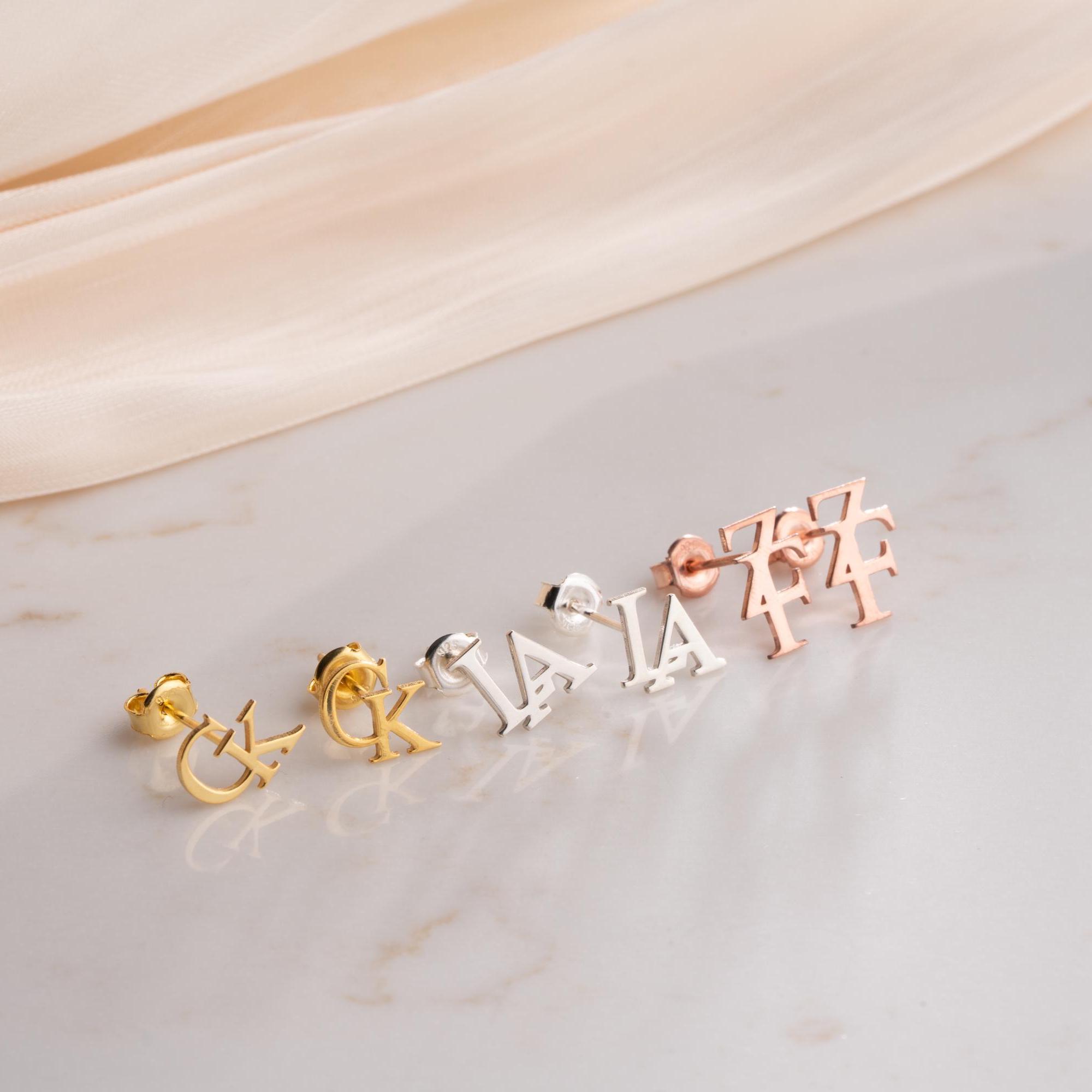 Left Side Intital R Interlocking Initals Custom Two Initial Earrings, Personalized Monogram Studs, Interlocking ...