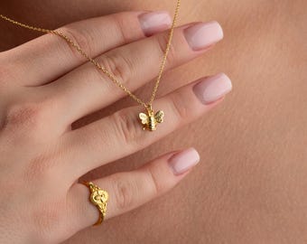 Gold Bee Necklace and Ring Set: Nature Inspired Gift for Her