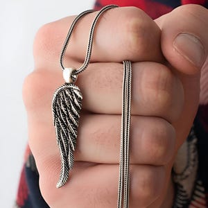 925 Silver Double Sided Men&#39;s Angel Wing Necklace Oxidized Silver Angel Wing Pendant  Guardian Angel Wing Necklace Feather Wing Necklace