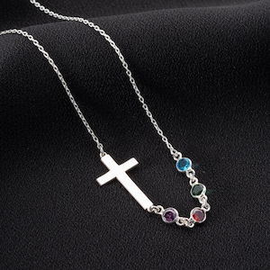 Personalized Birthstone Silver Cross Necklace, Cross Family Birthstone Necklace, Religious Birthstone Necklace, Cross birthstone necklace, Sideway Cross Necklace with birthstones, Family Cross Birthstones Necklace, Birthstone Necklace for Mom