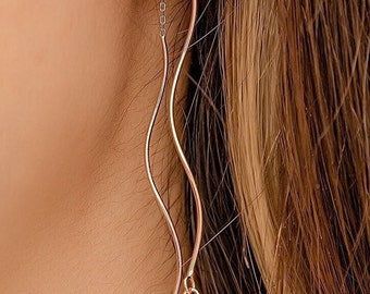 Silver Threader Earrings, Wave Earrings, Long Threader Gold Earrings, Threader Spiral Earrings, 14K Solid Gold spiral earrings