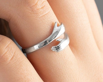 Adjustable Hugging Ring for women, Silver Friendship Rings, Hand Stackable Ring,  Love Hug Ring, Hands Ring, Open Hug Ring, Lover Ring