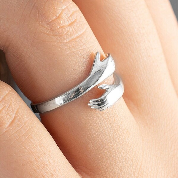 Adjustable Hugging Ring for women, Silver Friendship Rings, Hand Stackable Ring,  Love Hug Ring, Hands Ring, Open Hug Ring, Lover Ring