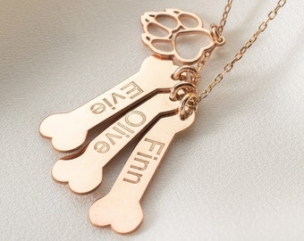 Silver Dog Name bone paw necklace, Gold Dog name necklace, Custom dog necklace, Dog Bone Charm Necklace, Personalized Dog Bone Necklace