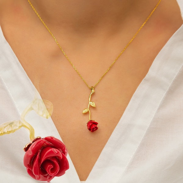 Silver Rose Flower Necklace, Long Stemmed Rose Pendant, Dainty Rose Necklace, Rose Pendant, Dainty Charm Flower, Valentines Day Gifts