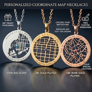 May include: Three personalized coordinate map necklaces. The sterling silver necklace has a map cutout with a turquoise stone. The 18K gold plated necklace has a grid map with a blue stone. The 18K rose gold plated necklace has a map design with a red stone.