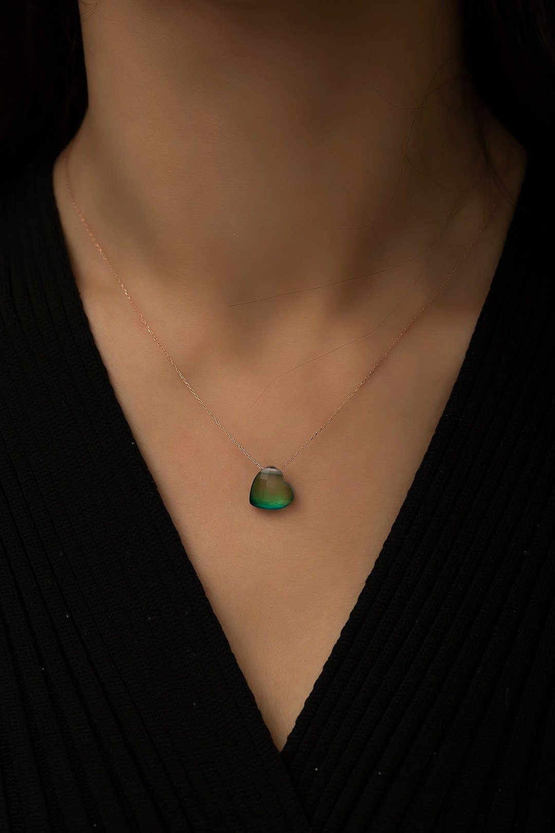 Silver Mood Necklace, Color Change Necklace, Changing Color Mood Stone