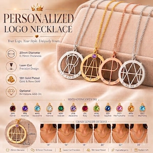 May include: Four personalized logo necklaces with circular pendants featuring laser-cut designs and names. The pendants measure 20mm in diameter and 0.75mm in thickness. Options include 18K gold, rose gold, and silver plating with optional birthstone add-ons.