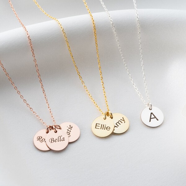 Initial Disc Necklace, Engraved Letter Disc Necklace, Personalized Disc Name Necklace, Custom Initial Date Necklace, Small Discs Necklace