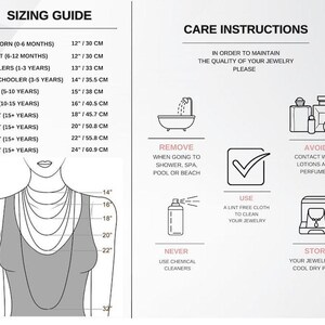 May include: A sizing guide for necklaces, with measurements in inches and centimeters, next to age ranges from newborn to adult. Care instructions include removing jewelry before showering, avoiding lotions, and storing in a cool, dry place.