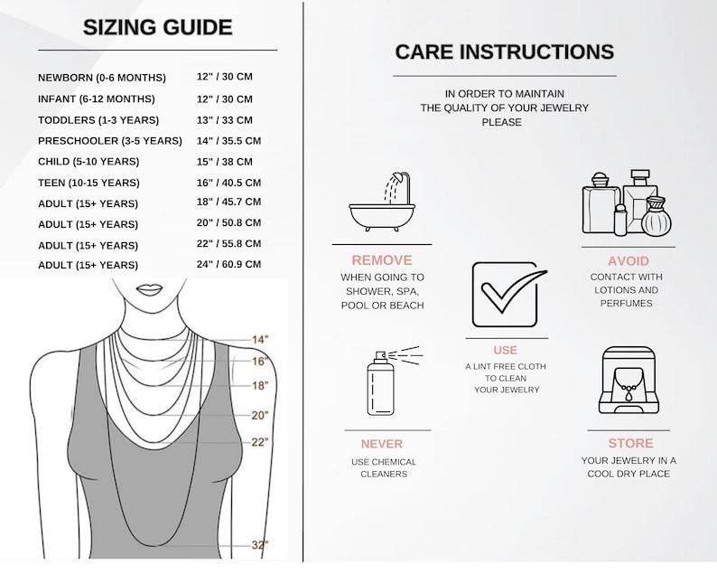 May include: A sizing guide for necklaces, with measurements in inches and centimeters, next to age ranges from newborn to adult. Care instructions include removing jewelry before showering, avoiding lotions, and storing in a cool, dry place.