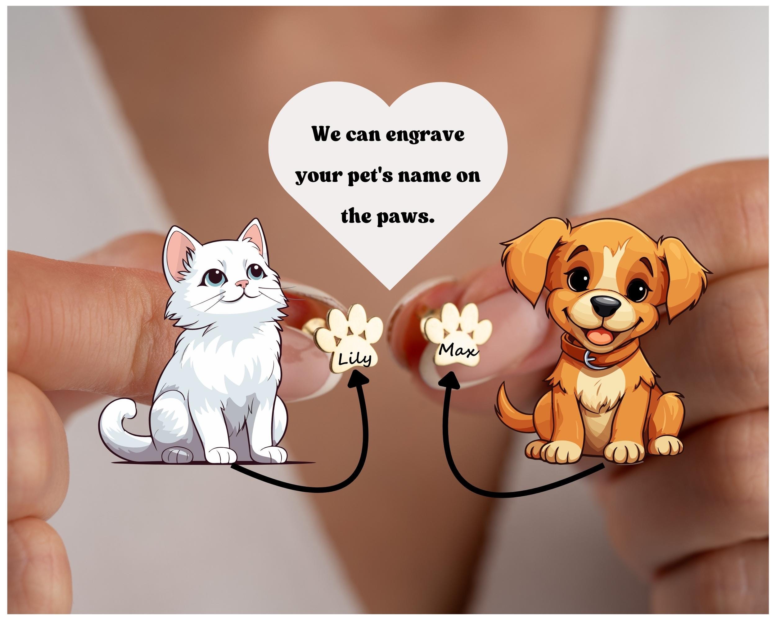 Paw Stud Earrings Engraving Pet Name Earrings Pawprints Studs Personalized Dog Paw Earrings Pet Remembrance Studs Silver Paws Heart Earrings