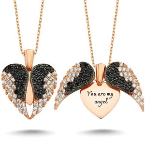 Heart Name Guardian Angel Opening Angel Wings Necklace Engrave Layering Valentines Gift Personalized Angel Locket Dainty Angel Necklace