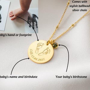 Personalized Loss Baby Gift Actual Footprint Necklace with Birthstone Silver Baby Shower Necklace Actual Handprints Necklace Gold